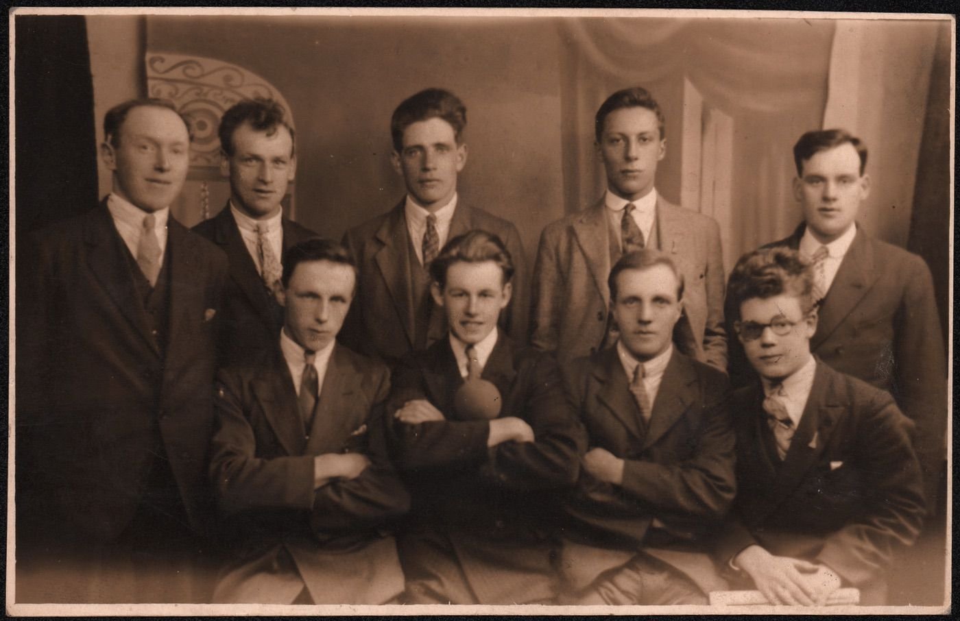 Coll. AMHS. Real photograph by either Sunray Studio of York or Manor Studio of Blackpool- 8 June 1930. Names from verso:
Rear: Thomas Renwick, ?Swindle, ?Swindle, (both of Carrshield, Peter Swindle and Ephraim Graham, (born at Lunnan/High House see GrahamsofLunnan0
Front: Thomas Cowan, ?Teasdale, Tom Short and John W Robson.