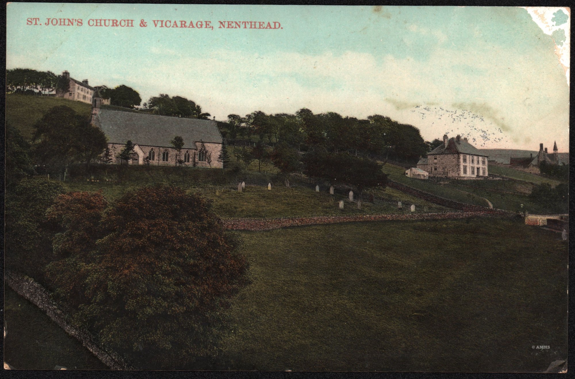 Coll. AMHS. Wallace's Series tinted printed postcard- taken prior to the building of Vicarage Terrace. Unposted.
Shows St John's Church & Vicarage