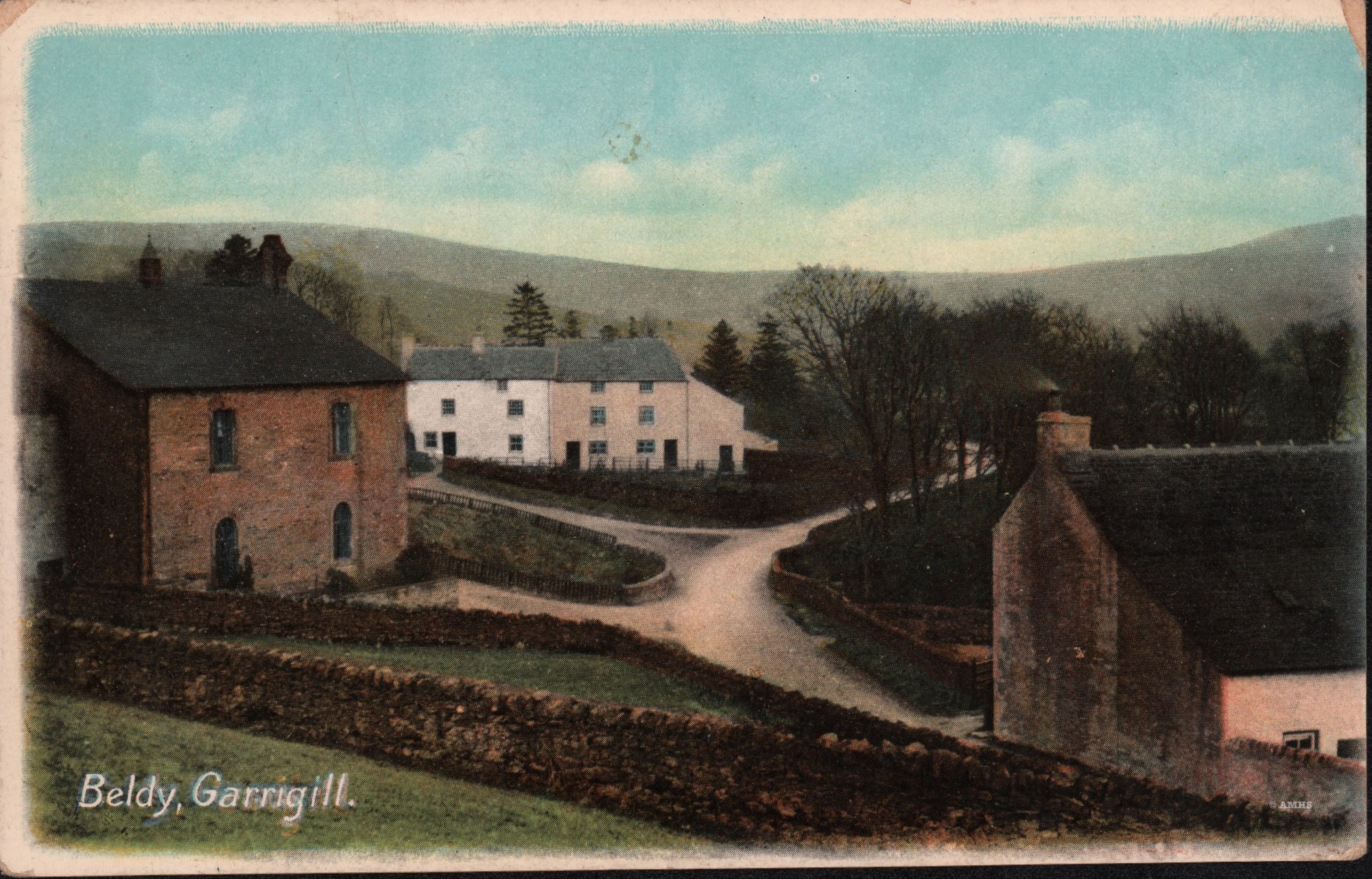 Coll. AMHS. Beautifully tinted postcard- photgrpher unknown posted from Garrigill in 1916.
Shows Beldy Chapel- (Methodist), Beldy Cottages and Low House Farm, Garrigill